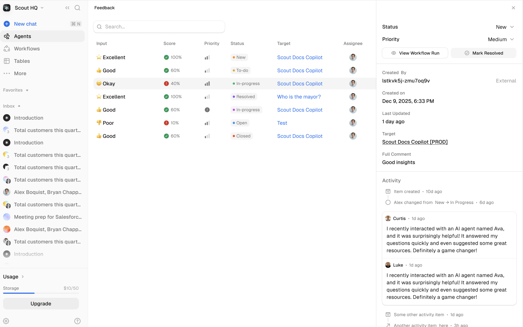 Feedback dashboard showing feedback list with status filters