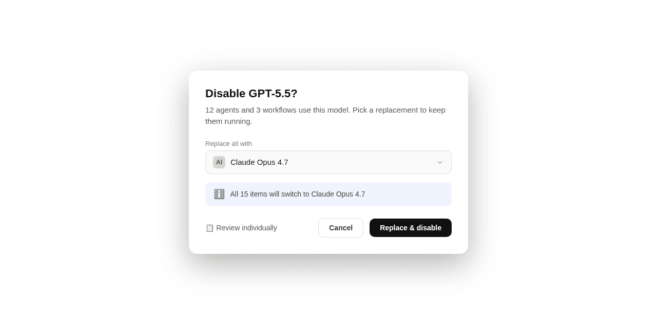 Disable model confirmation modal showing replacement model picker and affected item count