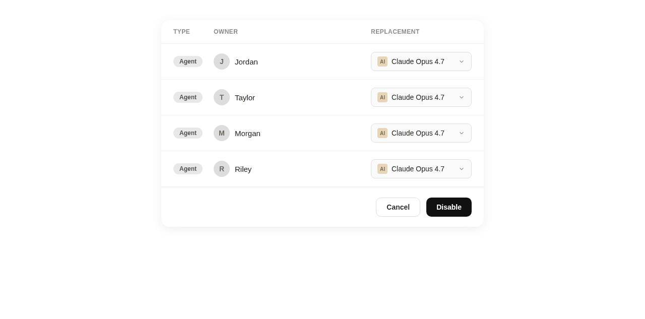 Per-item review table showing each affected agent with its own replacement model dropdown